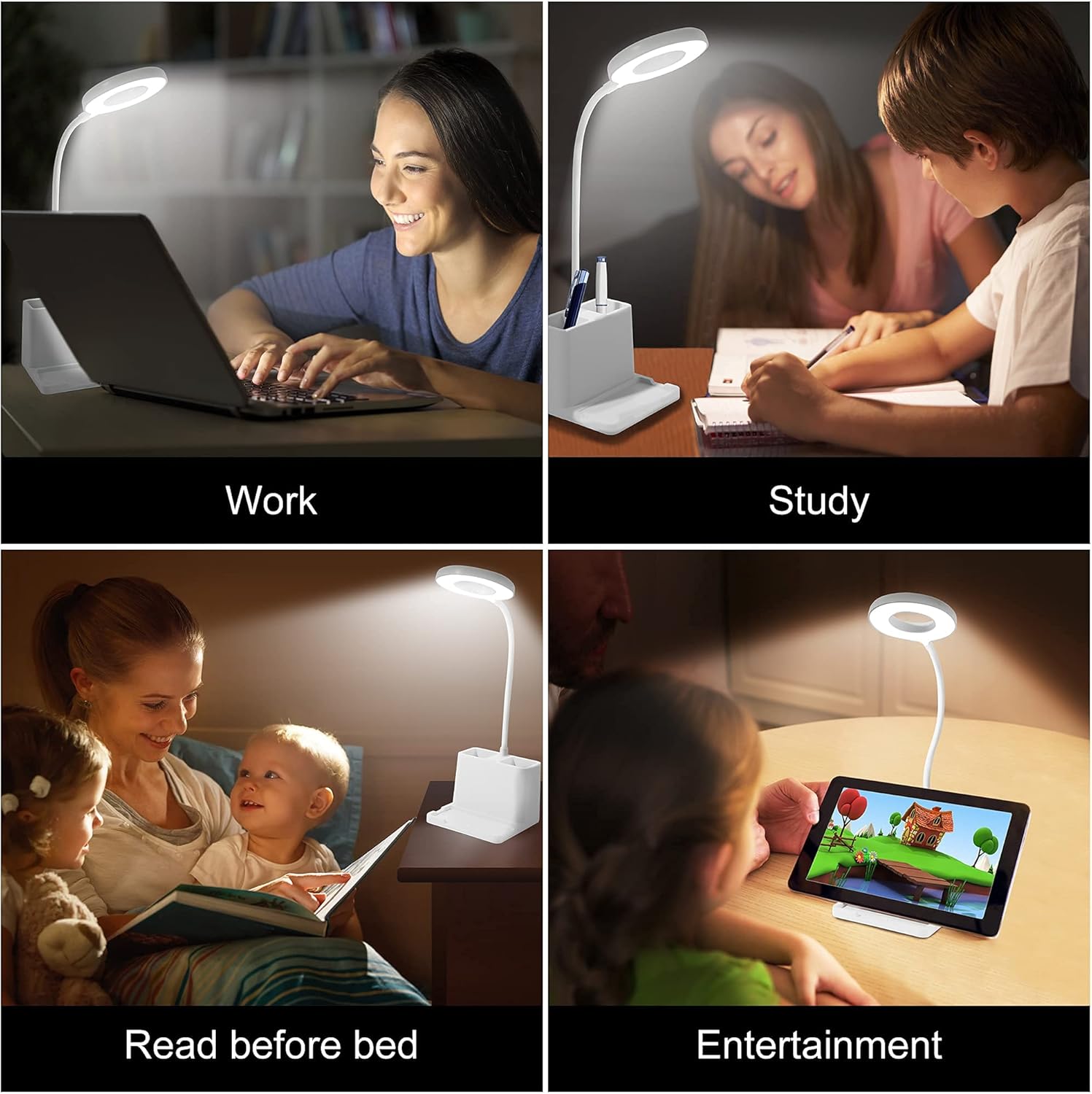 Desk Lamp with Organizer, 3 Color LED Desk Light, Dimmable Dorm Lamp, Plug-in Study Lamps for Desk, Flexible Gooseneck, Office Desk Lamp, LED Desk Lamp, Small Lamp for Desk, Laptop Video Call Light - - 