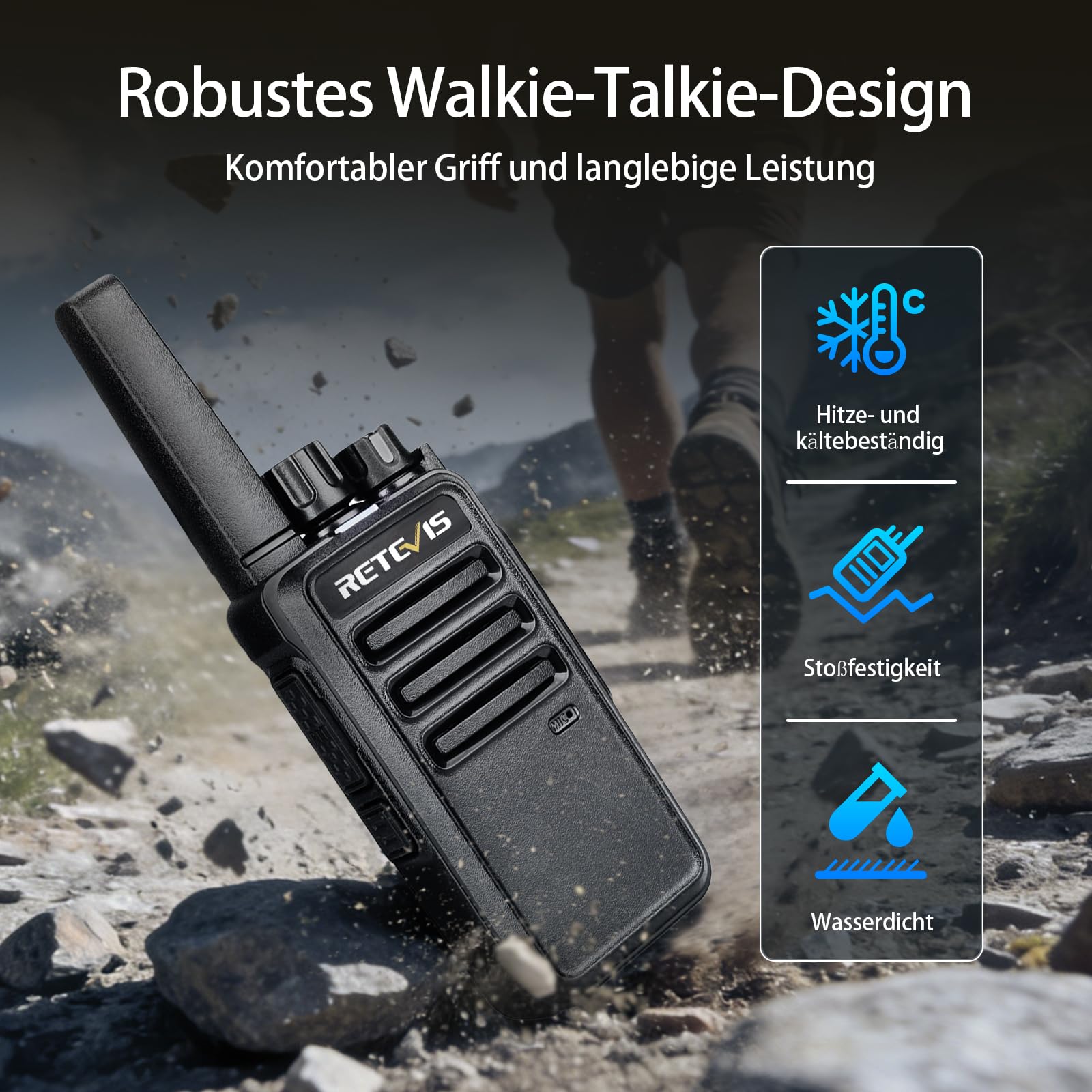 Retevis RT668 Walkie Talkie Professionali, Ricetrasmittenti PMR446, 1200mAh, VOX, Anticaduta, Antipolvere, Walkie-Talkie con Auricolareper per Sport All'aria Aperta,Escursionismo (Nero, 2 Pezzi)