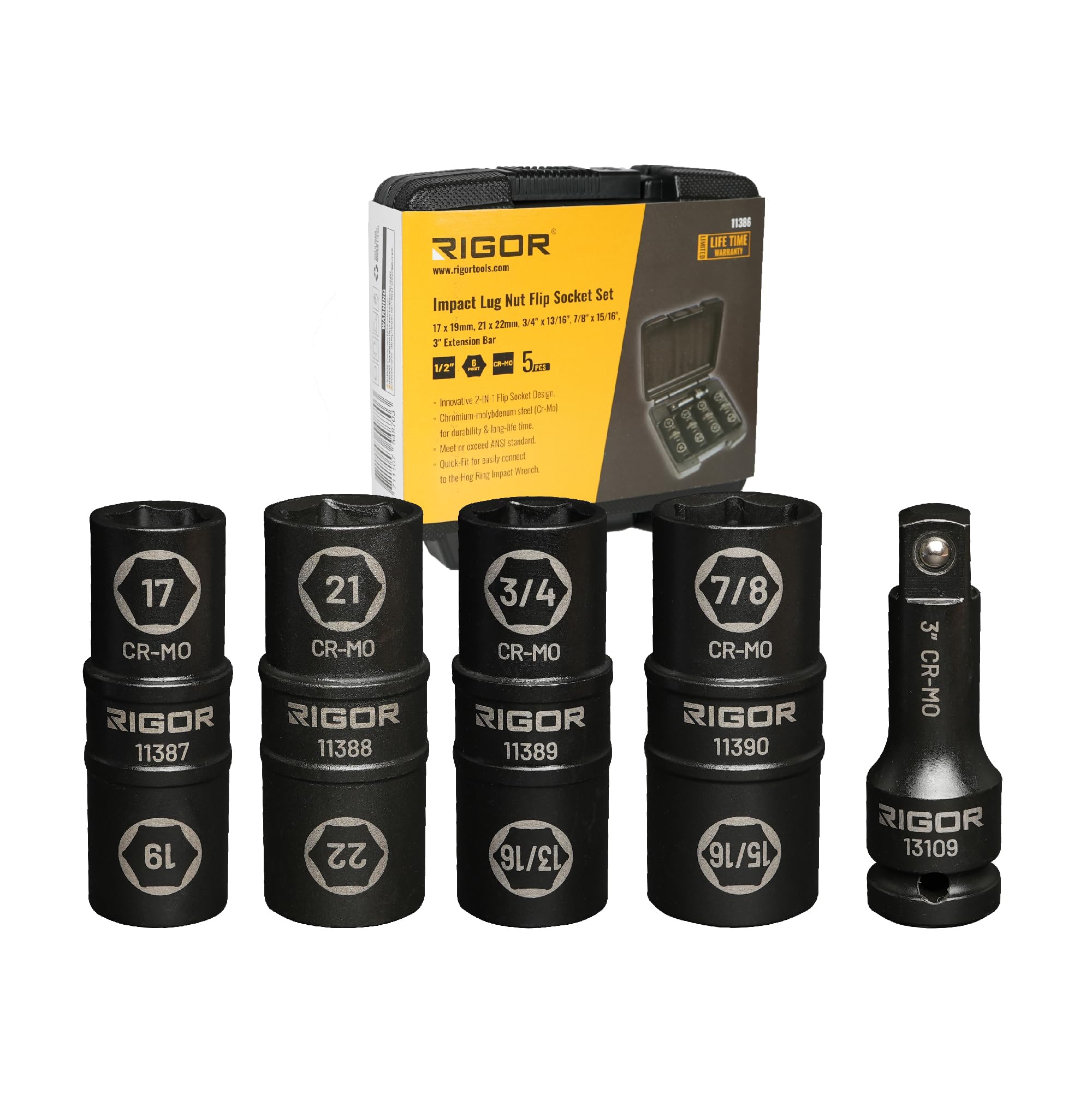 RIGOR 11386 1/2-Inch Drive Wheel Lug Nut Flip Socket Set, 5-piece | Impact, Cr-Mo Steel | 8-IN-4 Flip Socket, 17mm,19mm, 21mm, 22mm Metric Sizes & 3/4