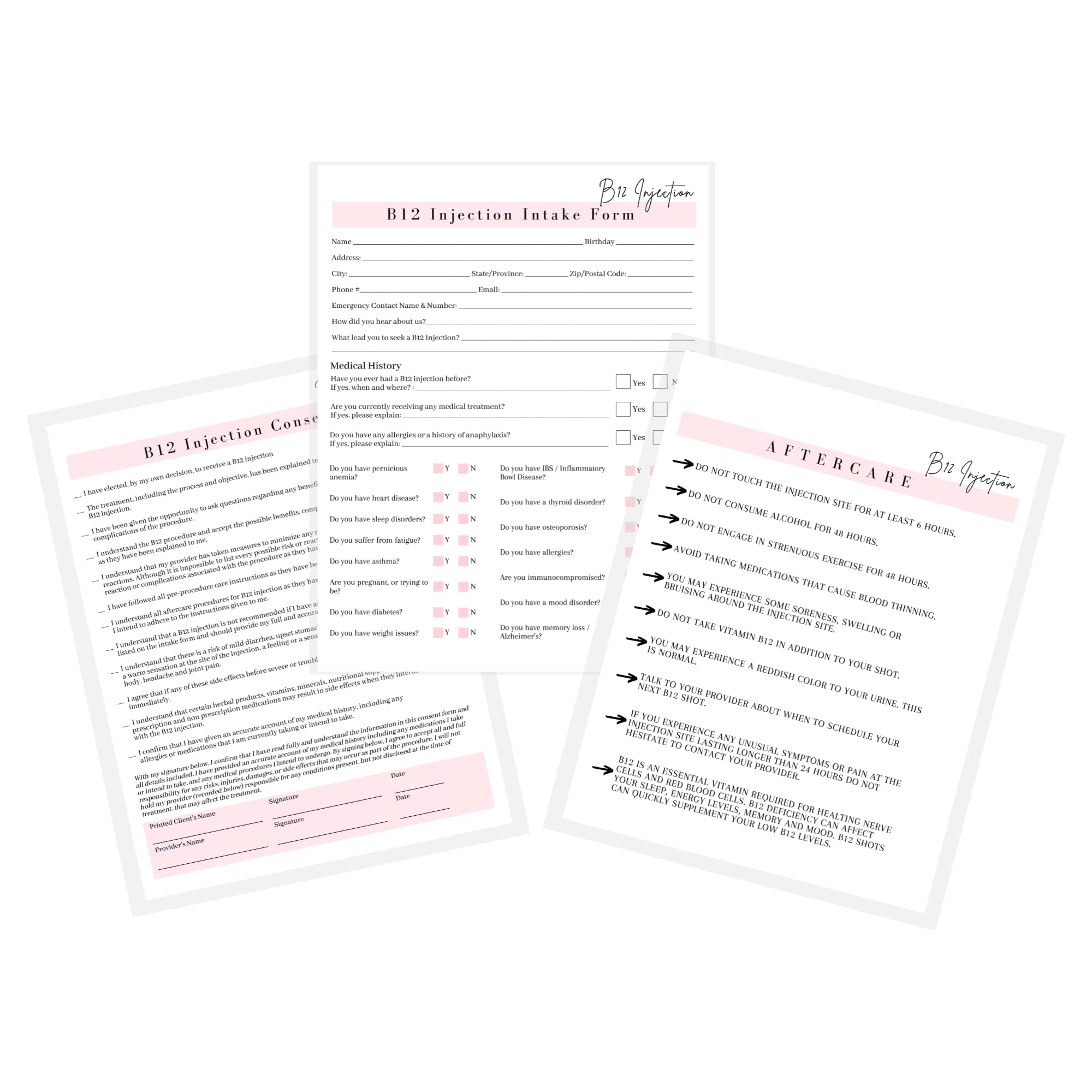 B12 Injection Intake, Consent, and Aftercare Form | 75 Pack | 8.5 x 11