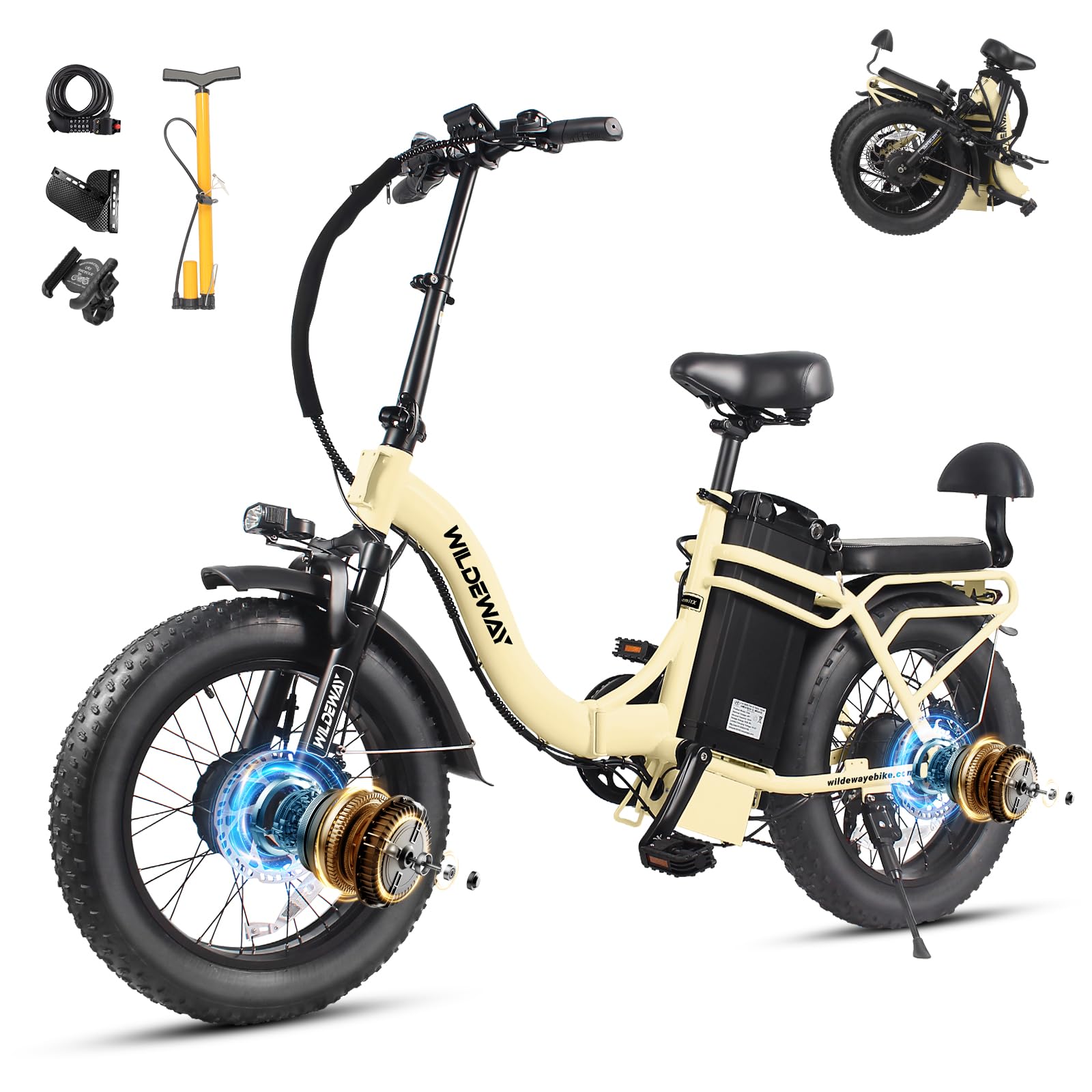 Wildeway Folding Electric Bike for Adults,2300W Dual Motor Ebike 20x4.0 Fat Tire All-Terrain 28MPH,48V 32Ah/60Ah Removable Battery,7-Speed,Dual Hydraulic Disc Brake,City Commuting Delivery Bicycle