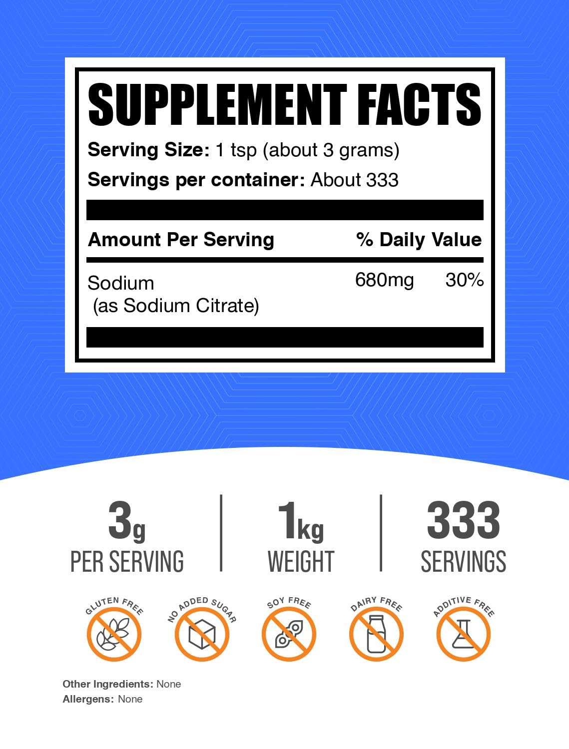 BulkSupplements.com Sodium Citrate Powder - Sodium Citrate Food Grade, Emulsifier, Flavor Enhancer - Gluten Free, 3g per Serving, 1kg (2.2 lbs) (Pack of 1) — Amazon image 2