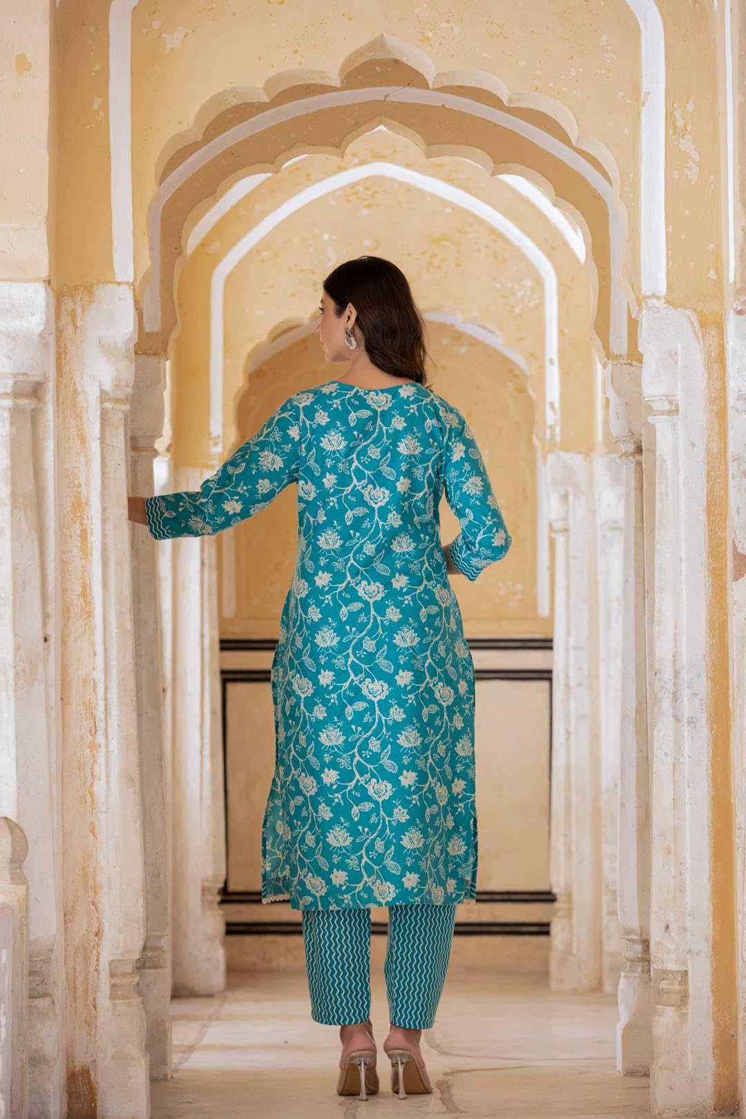 Varanga Women Blue Printed Round Neck Straight Kurta With Thread Embroidered Yoke, Three-Quarter Sleeves, Side Slits, Paired With Printed Bottom And Dupatta