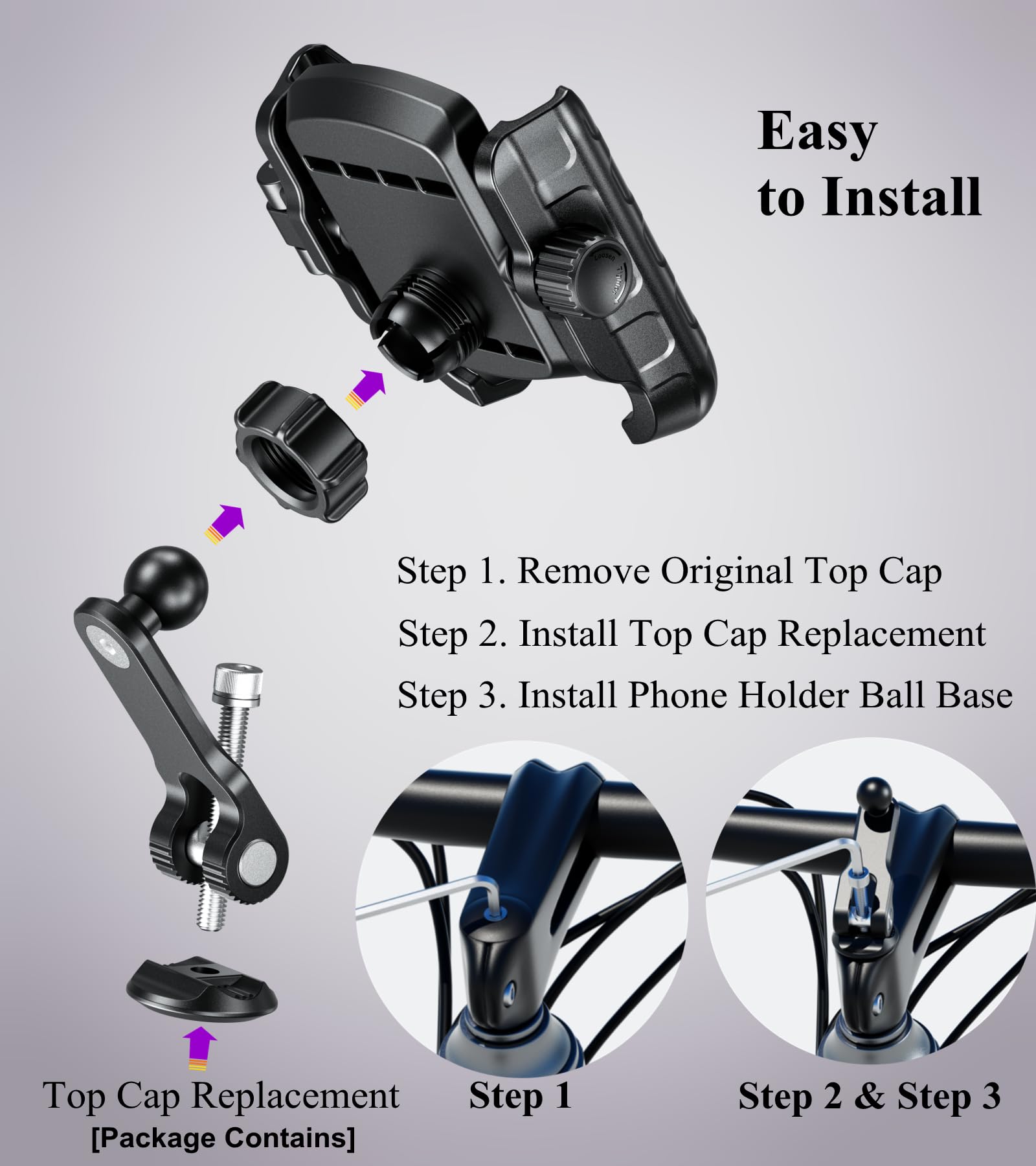 BRCOVAN Supporto per manubrio della forcella della bici [compatibile con fotocamera] [blocco e rilascio 1s] regolabile per cuffie da bicicletta con base di montaggio in alluminio solido per smartphone