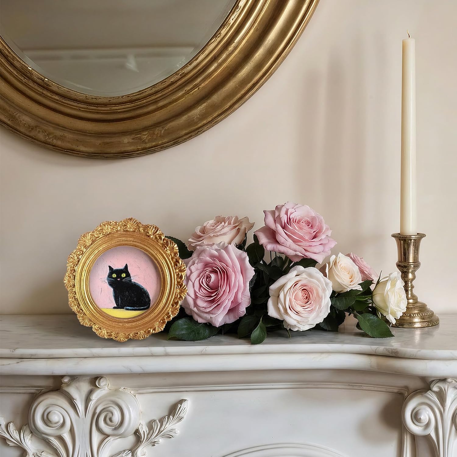 Black Cat Small Round Picture Frame 4in, Funny Kitten Mini Gold Photo Frame for TableTop Wall Art Decor, Retro Cute Vintage Ornate Art Prints Gifts for Pet Lovers Bedroom Office 2.64in Photo image 2