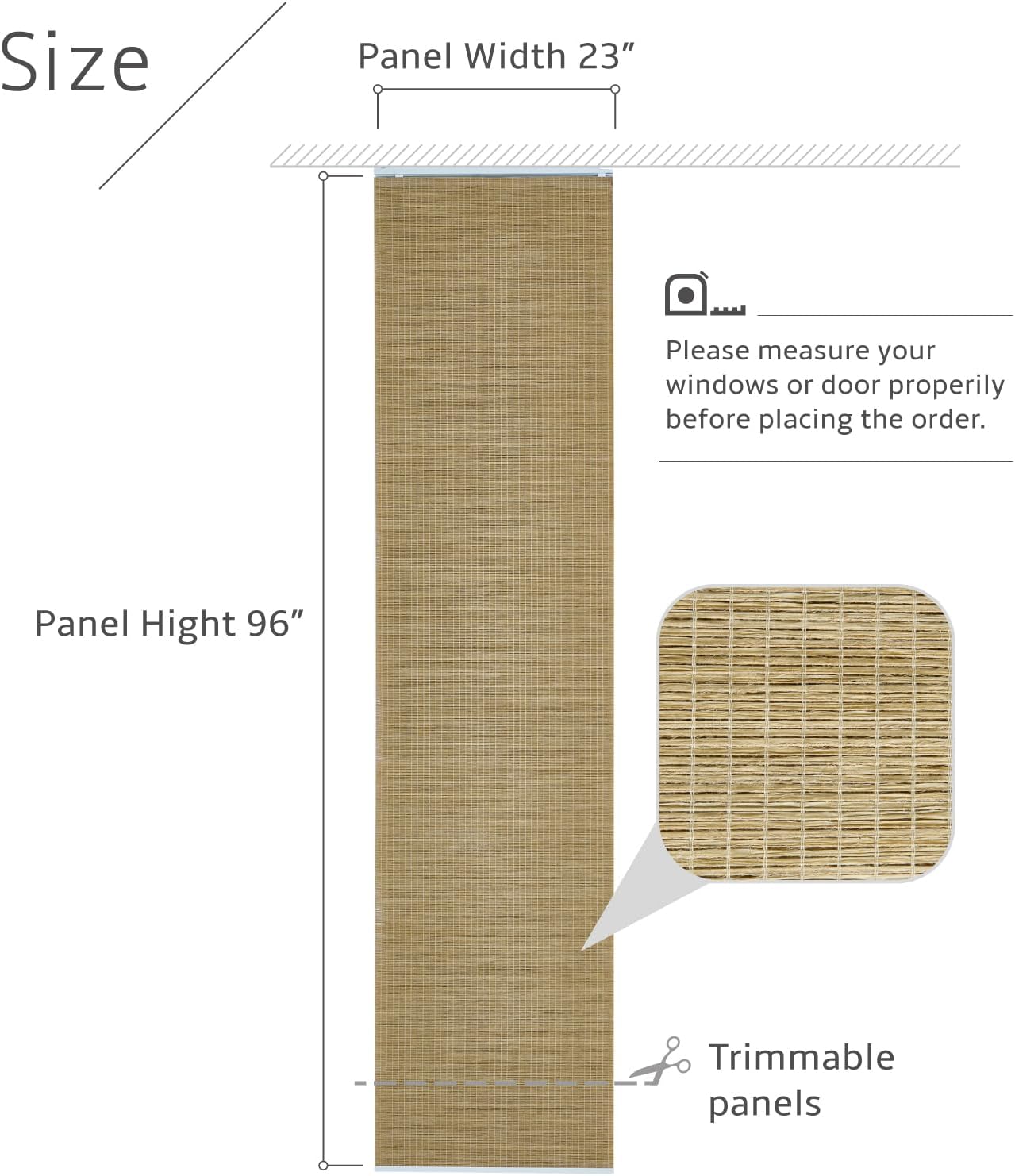 Replacement Fabric Panels for Sliding Glass Door (4-Pack, 23"x96"), Fabric Only, Natural Woven Blind Slats, Trimmable, Sheer, Track & Bottom Rail Not Included,Mountain Oak