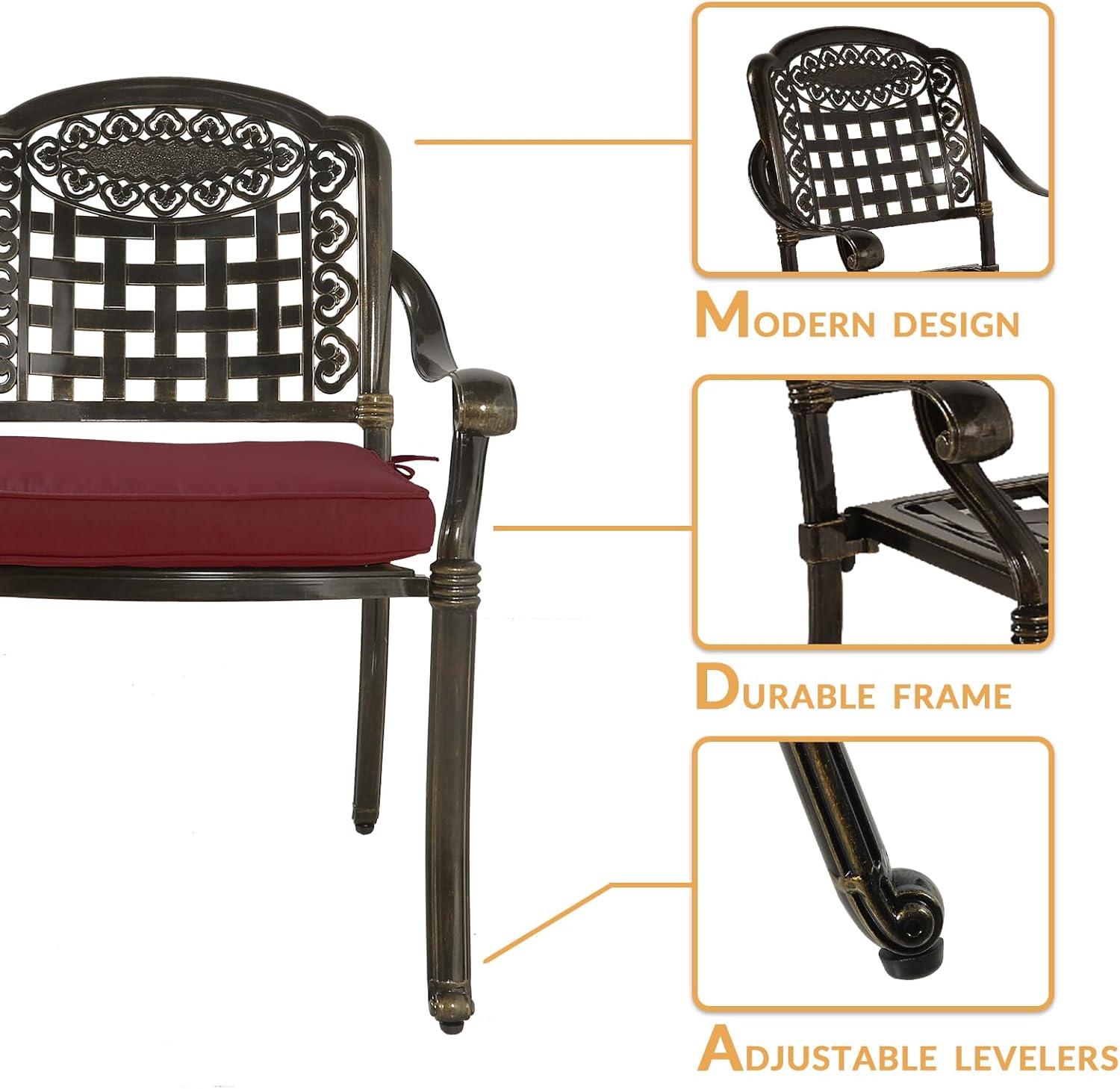 5-Piece Outdoor Patio Dining Set, All-Weather Cast Aluminum Patio Furniture Set for Backyard Garden Deck with 4 Chairs, 4 Cushions and 38.5" Round Table, 2" Umbrella Hole, Red
