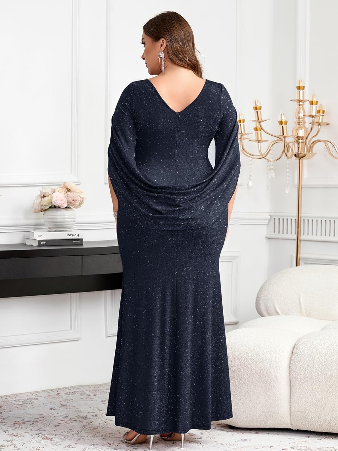 ZOMVA Plus Size Sparkly Glitter Mermaid Maxi Dress Sparkle Sequin Cape Sleeves Ruched Bodycon Dresses Cocktail Formal - Image 2