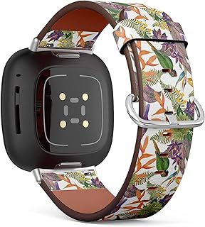 CJBROES Replacement Leather Watch Band, Compatible with Fitbit Versa 3 and Fitbit Sense of Wristband Bracelet Accessory - Watercolor-Tropical-Exotic