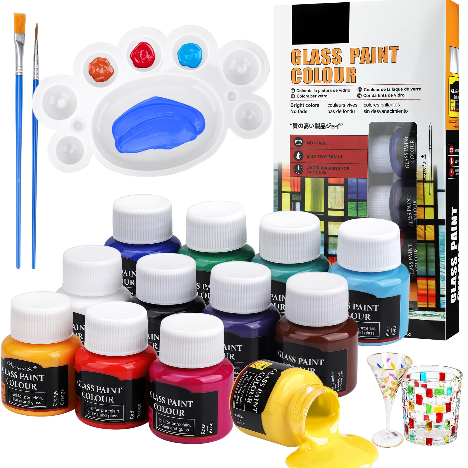 Teokantz Glasmalfarbe, 12 Stück 25ml Glas Bemalen Glasfarbe Spülmaschinenfest mit Hohe Deckkraft für Glasmalerei, Gläser, Weingläser, mit 1 Malpalette & 2 Feine Pinsel