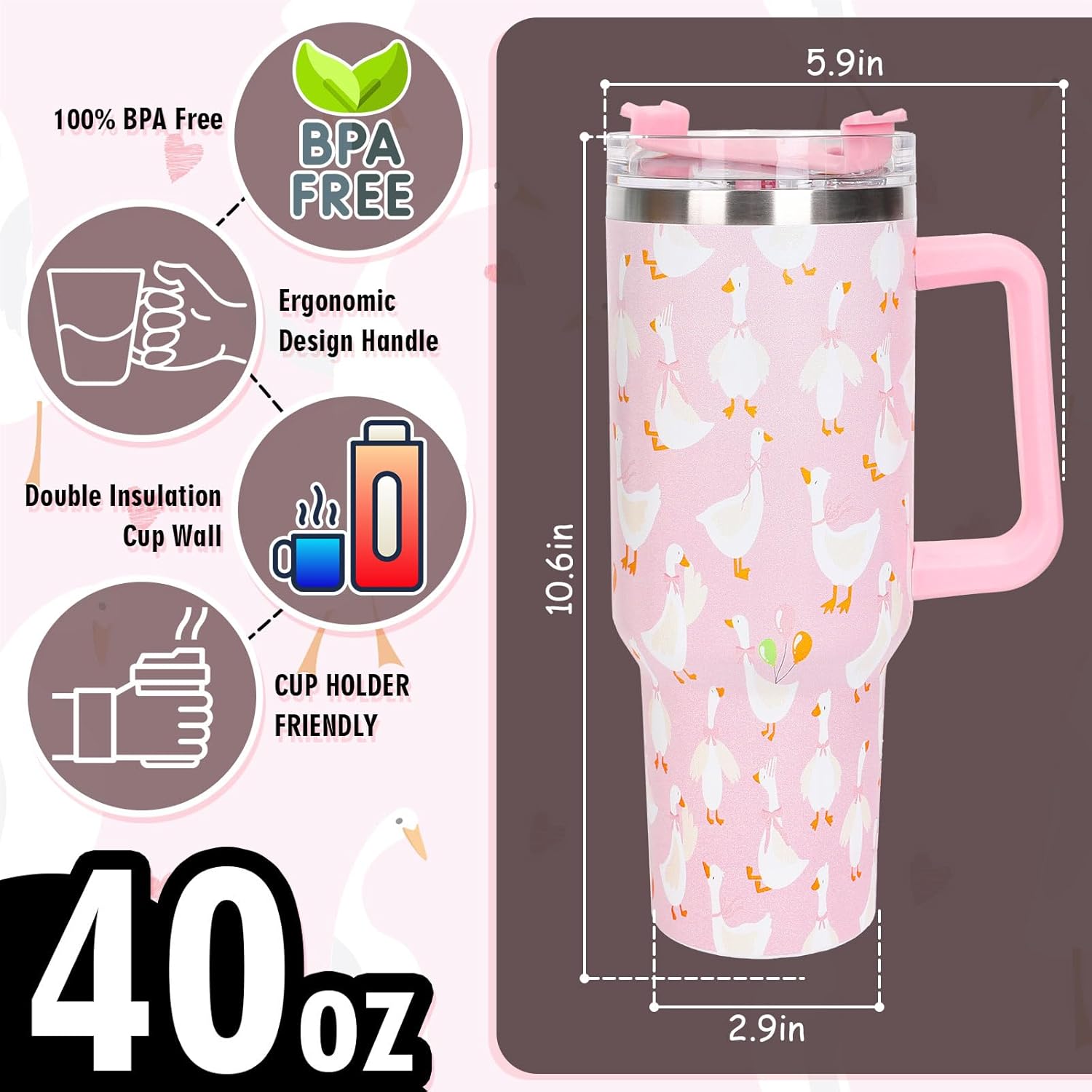 Whaline 40oz Silly Goose Tumbler with Handle Straw and Lid Pink Goose Travel Tumbler Coffee Cup for Women Friend Holiday Birthday Baby Shower - Image 2