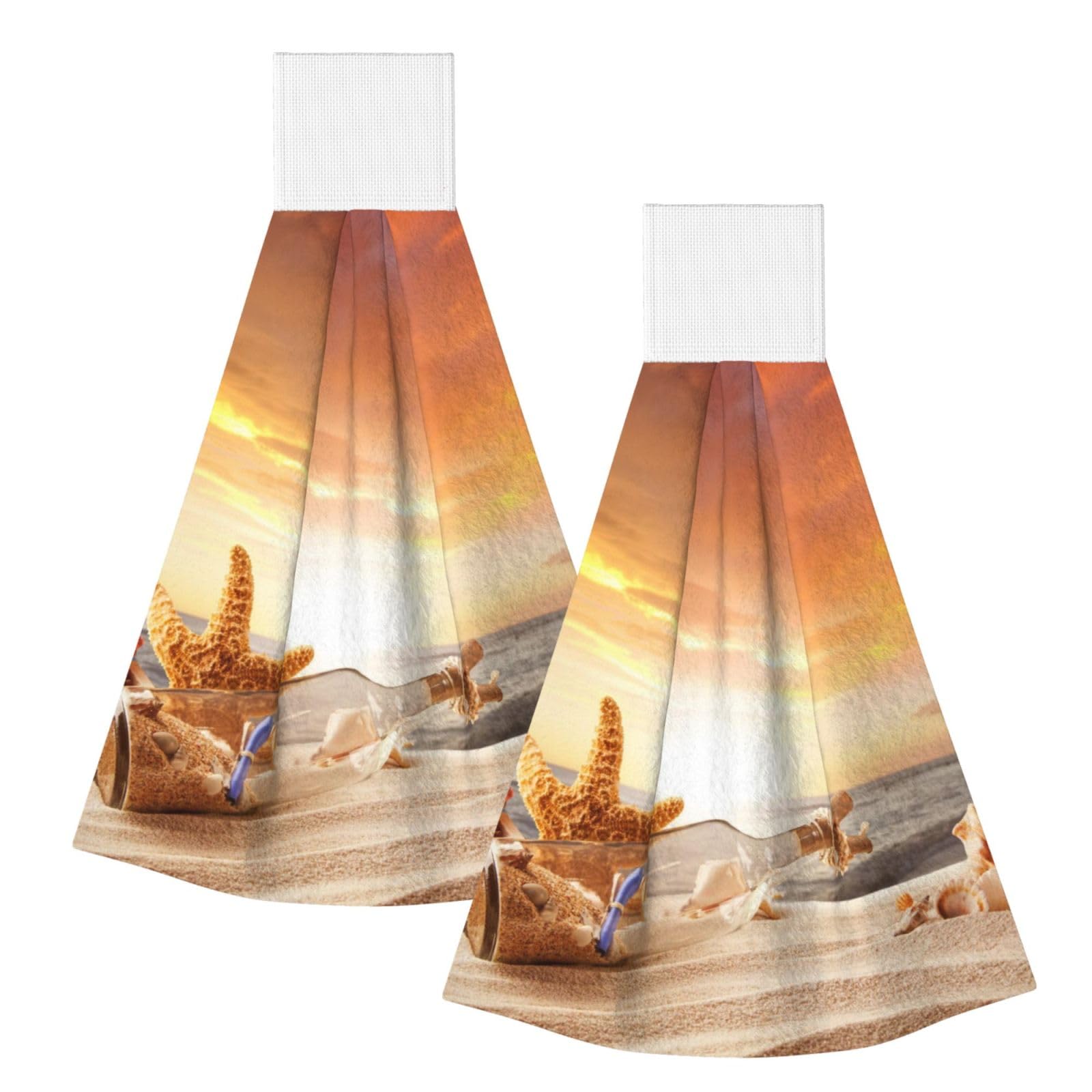 DOPKLNA Beach With Seashells Sunset Printed, 2 Pcs Hanging Coral Fiber Hand Towels for Bathroom, Absorbent Kitchen Towels