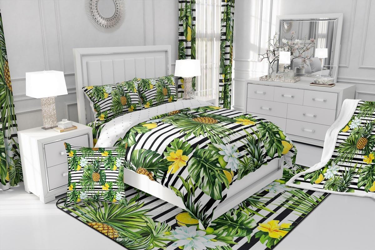 jejeloiu Palm Leaves Rainforest Style Duvet Cover For Kids Boys Girls Toddler Size Pineapple Flower Bedding Set Ultra Soft Palm leaf Comforter Cover Tropical Plants Bedspread Cover Summer,No Comforter