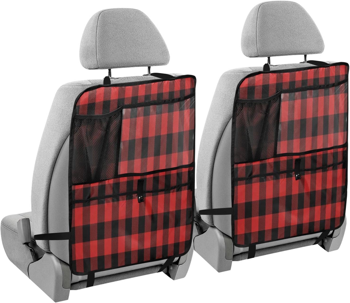 Plaid Dark Car Backseat Organizer for Kids Seat Back Protector Kick Mats with Storage Pockets for Road Trip Travel Car Accessories 2 Pack