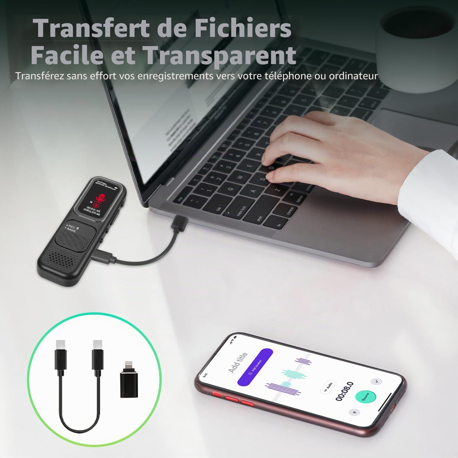 64GB Diaphone Enregistreur Vocale - 3072 Kbps Dictaphone Numérique avec Activation Vocale, Lecture & Réduction du Bruit, Enregistreur Audio pour Appels/Conférence/Interviews/Classes
