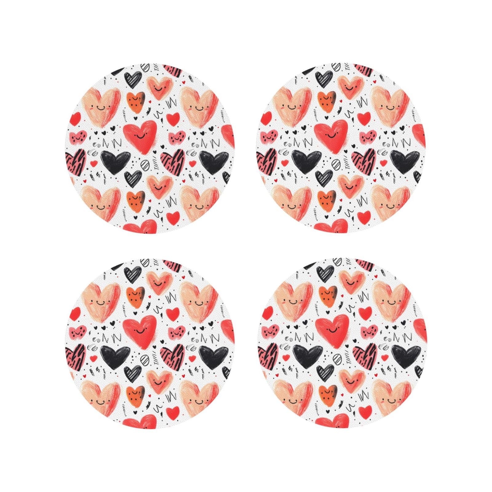 Leather Coasters Set of 4 - Cute Heart Black Red Print Lightweight Drink Coasters for Desk