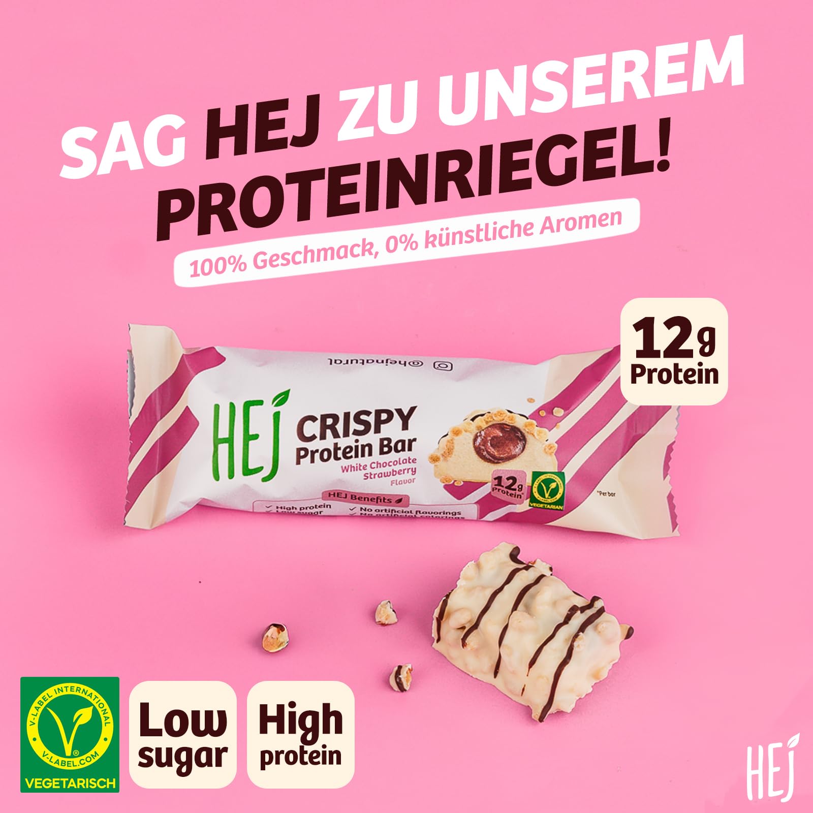 HEJ Crispy Protein-Riegel - Zuckerarmer High-Protein-Snack - Mit 12g Eiweiß - Vegetarisch - Ohne Künstliche Aromen & Sucralose - White Chocolate Strawberry 12 x 45g