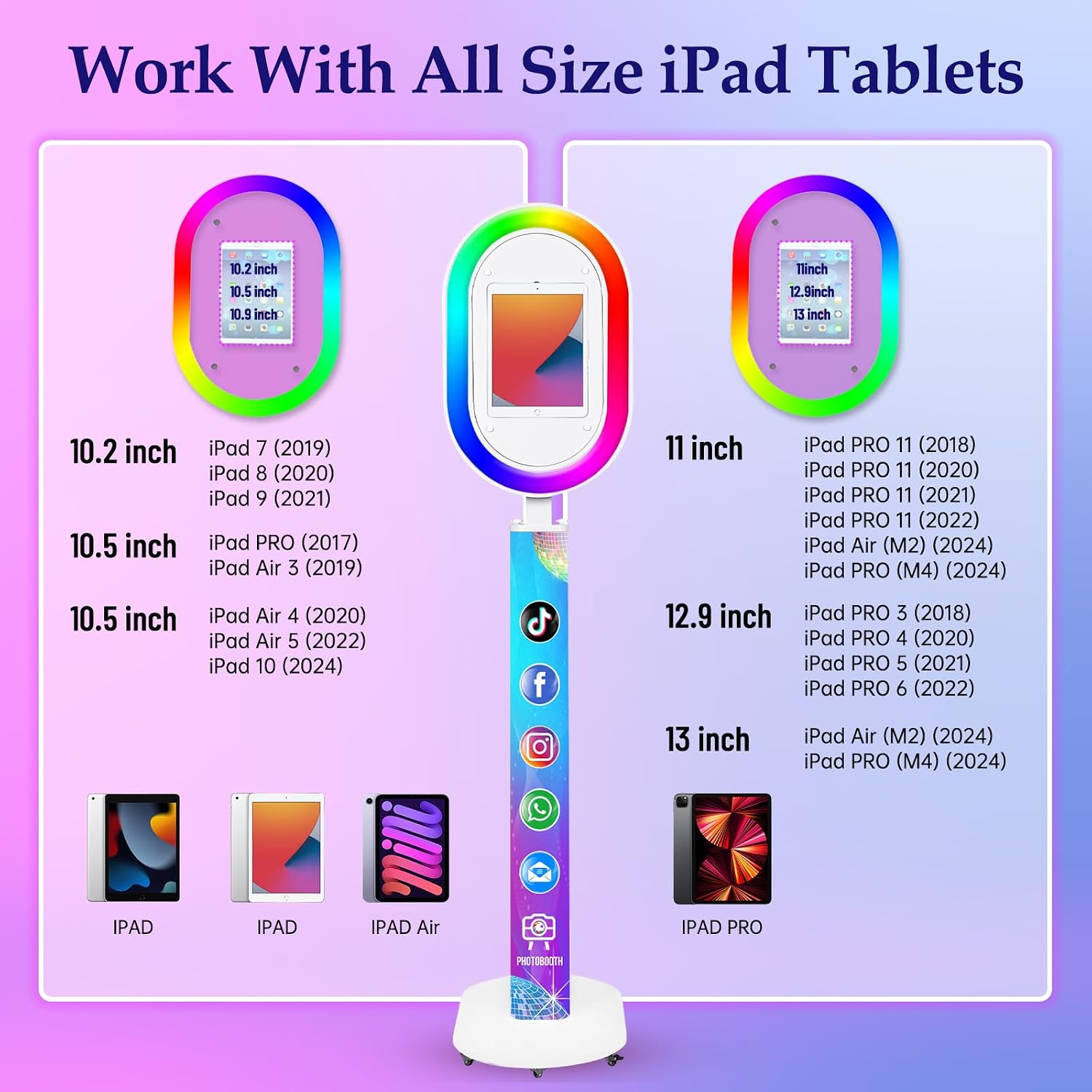 Portable Photo Booth for iPad 10.2" 10.5" 10.9" 11" 12.9" 13" Photobooth Machine Metal Shell Selfie Station RGB Ring Light Custom Logo for Parties Wedding Rental
