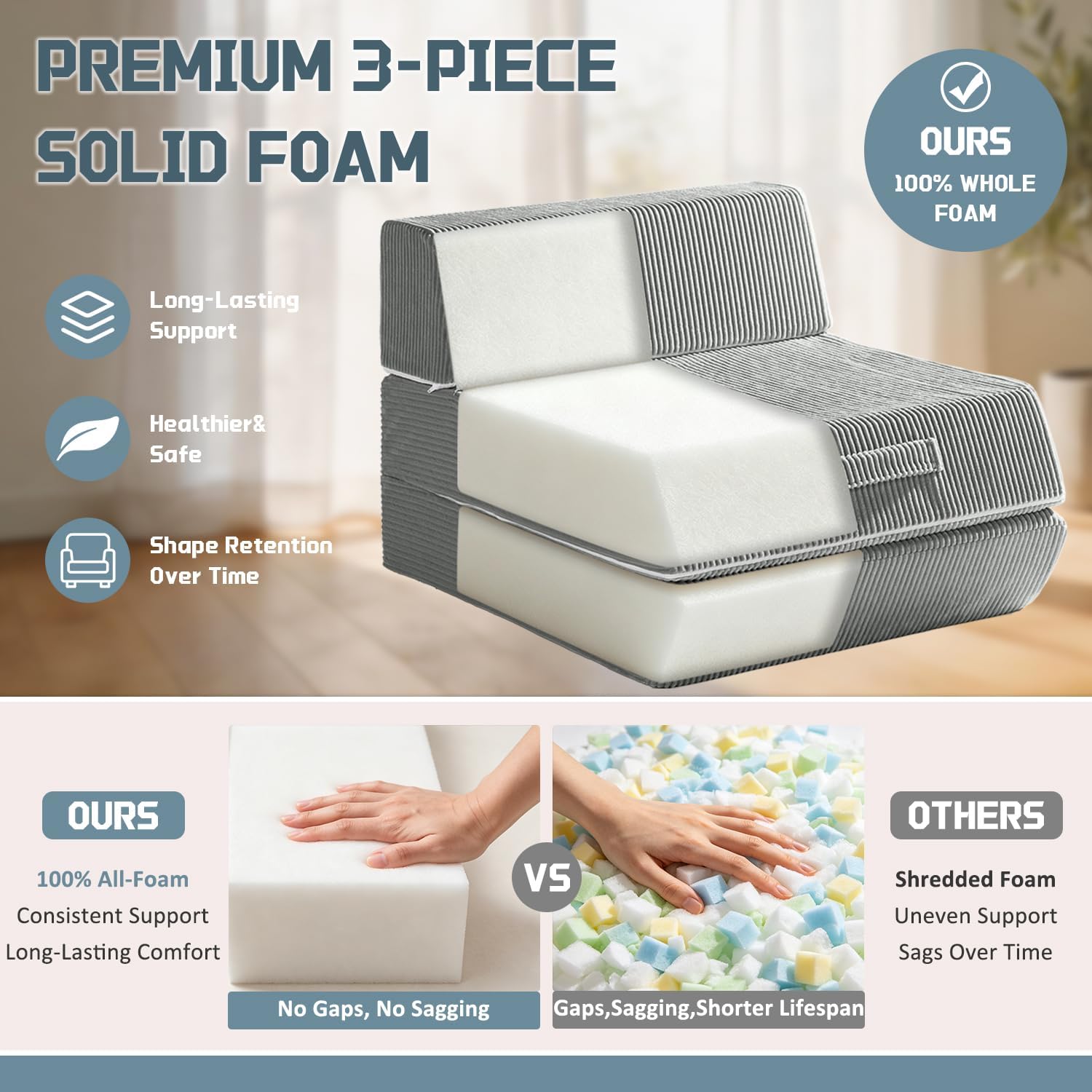 Trenda Folding Sofa Bed, 16lbs Convertible Sleeper Chair with Removable Back Pillow & Handle, Washable Cover Solid Foam Fold Out Chair Bed for Living Room, Apartment, Guest, Single, Light Grey