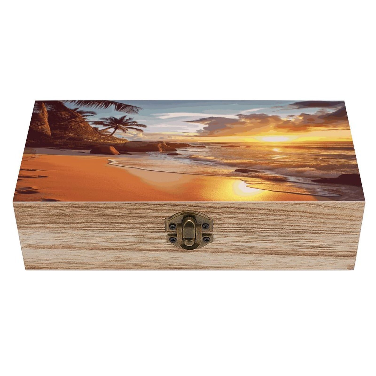 VstaDank Tropical Beach at Sunset Wooden Storage Box Wooden Keepsake Box with A Hinged Lid Fashion Memory Treasure Boxes Decorative Jewelry Case for Crafts Photo Home Decor Wood Gift Box