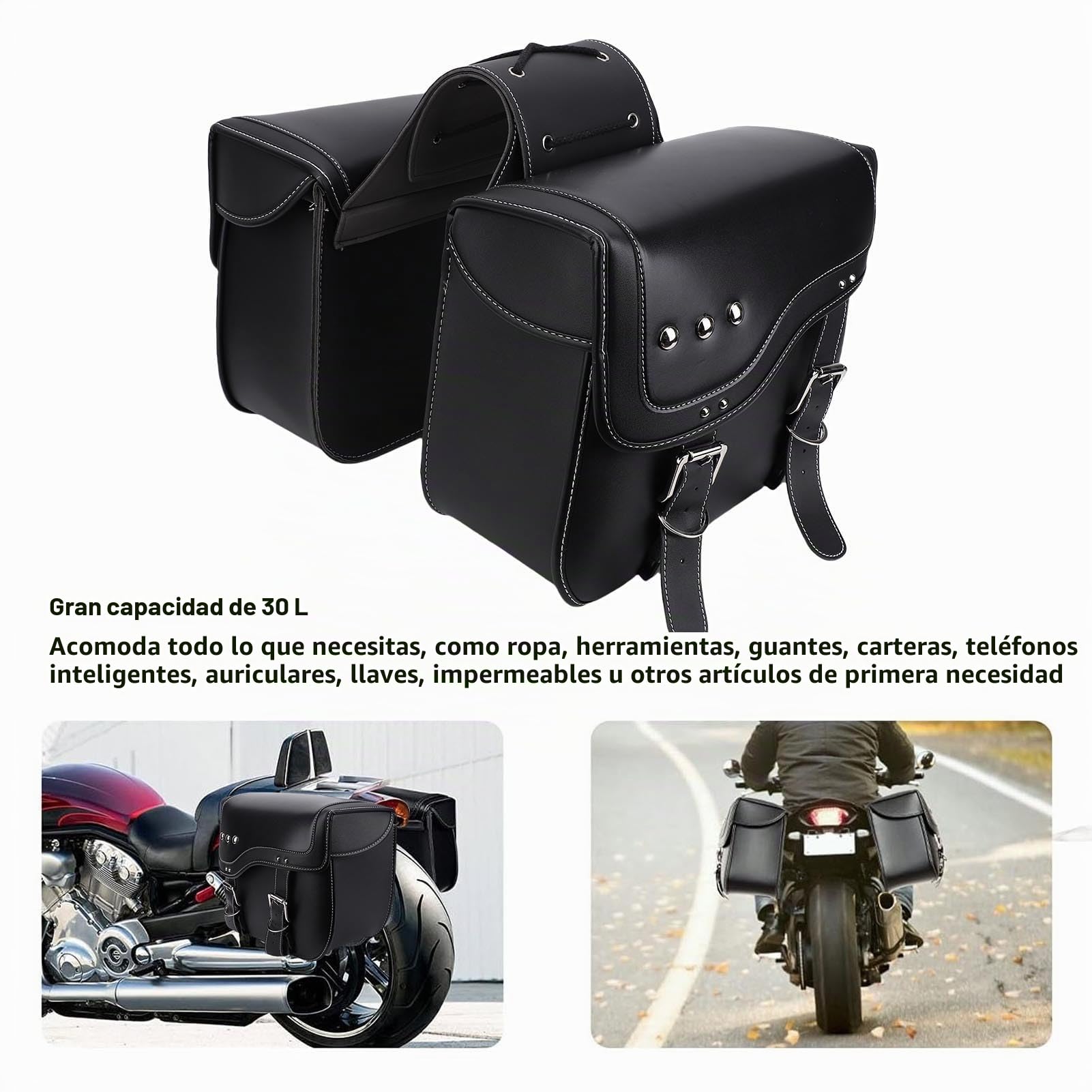 Alforjas para Motocicleta, 30 L de Gran Capacidad, Bolsas Laterales de Cuero PU, Bolsa de Equipaje para Ciclismo, Accesorios Universales para la Mayoría de Motocicletas