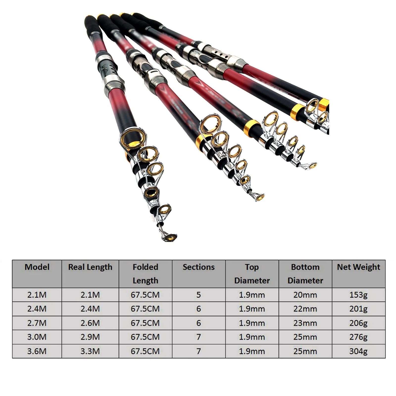 Canne télescopique de voyage en fibre de carbone Poignée rétractable portable ultra-légère Guides en acier inoxydable Canne à pêche