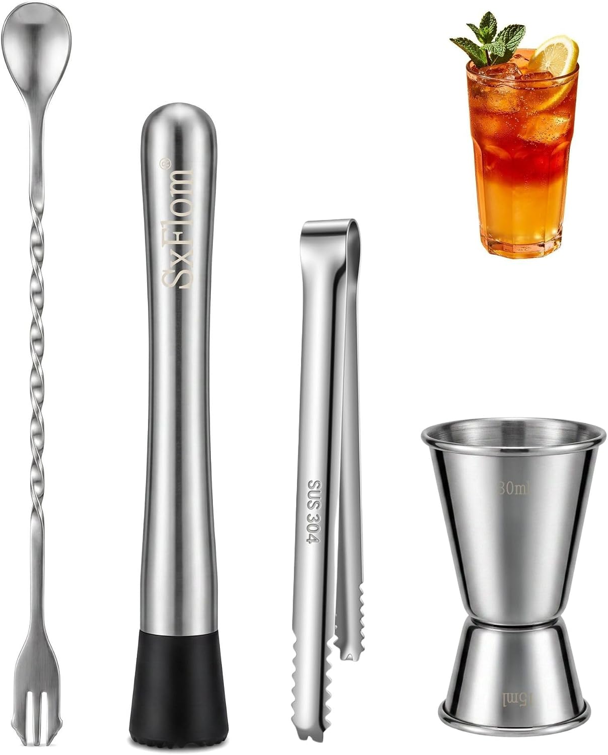 8in Muddler for Cocktails,10in Bar Spoon and Cocktail Jigger