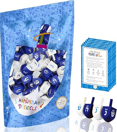 Miniatura 4 de The Dreidel Company Dreidels de Hanukkah de madera maciza azul y blanco, pintados a mano con transliteración en inglés, incluye tarjetas de