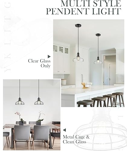 Miniatura 5 de YKLITG DD033-1-BK - Lámpara colgante industrial, color negro mate con pantalla de cristal transparente, lámparas de isla para cocina, isla,