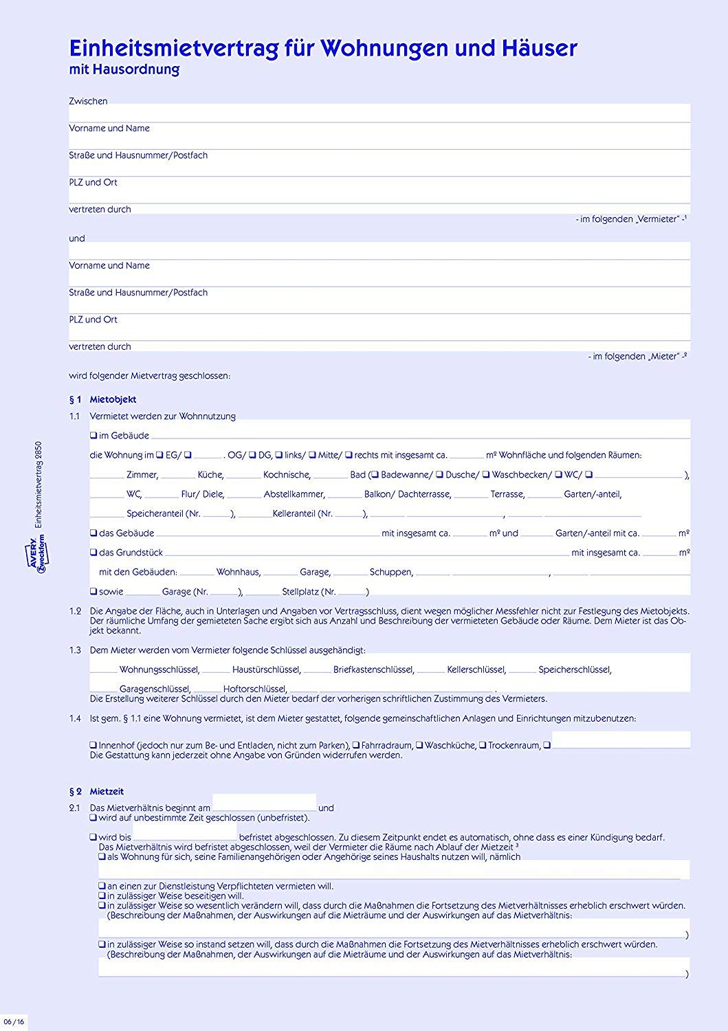 AVERY Zweckform 2850 Mietvertrag (für Wohnungen und Häuser, A4, 6-seitig, Bogenformat) 15 Stück blau