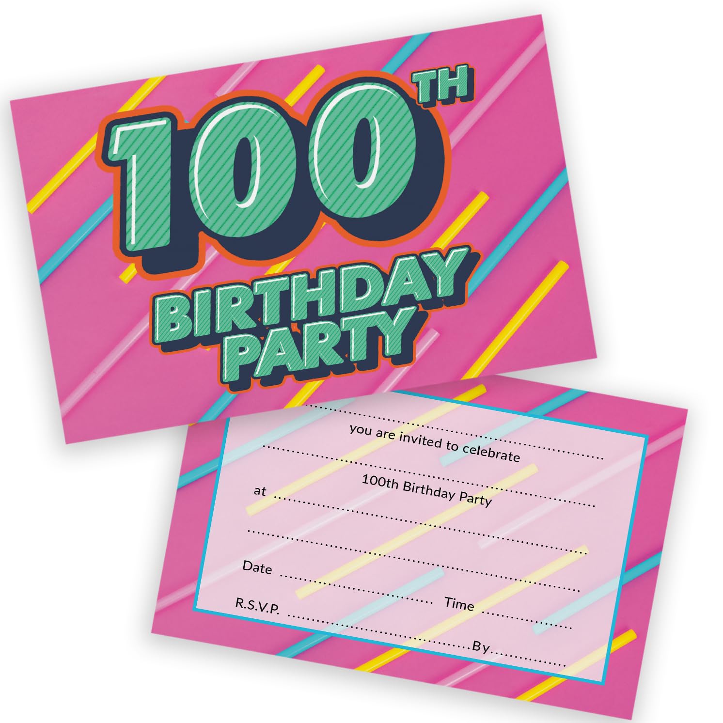 100th Birthday Party Invitations Men Women - Funky Colours 20 Pack - Adults Birthday Invitations for Friends Family A6 Bday Party Invites Invitation Cards with Folding Envelopes