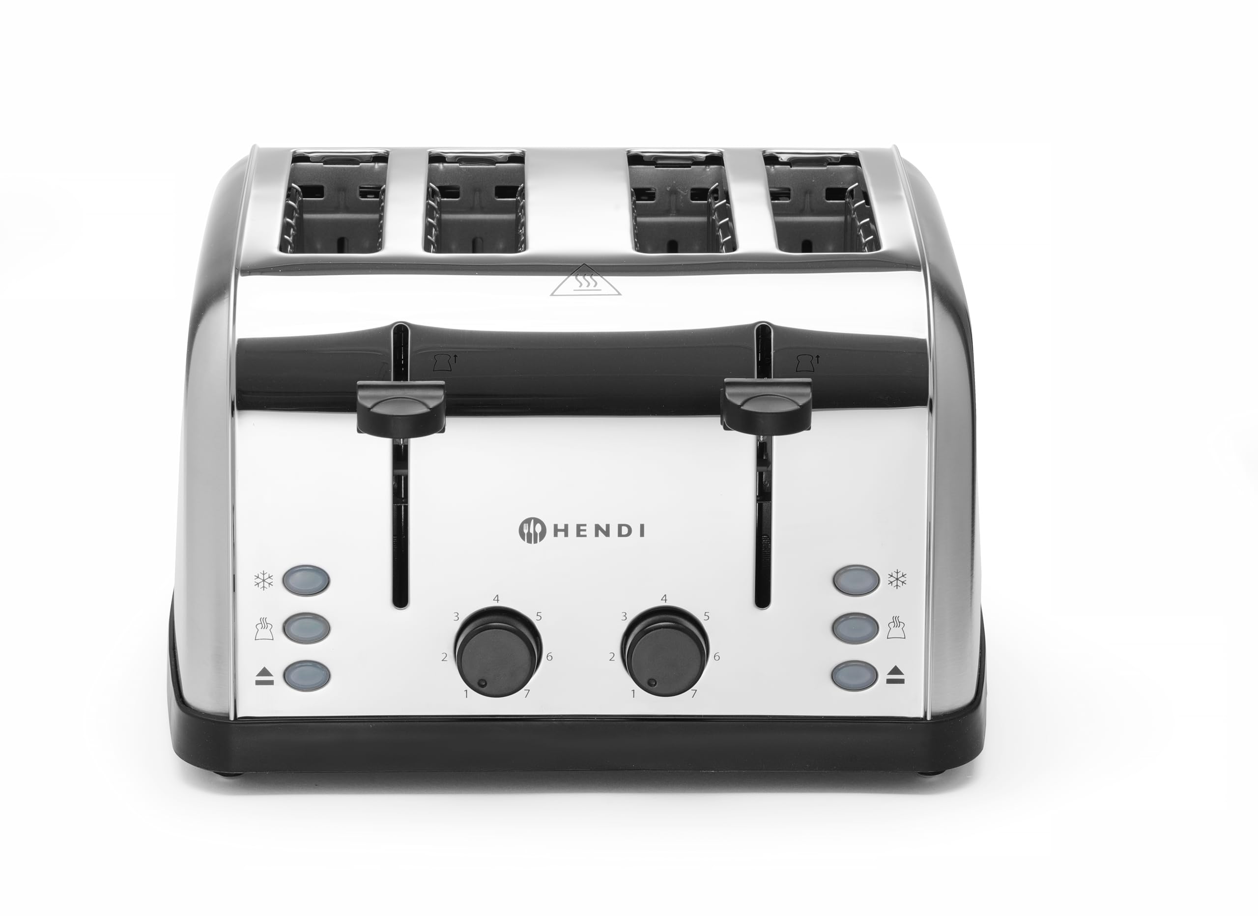 HENDI Tostapane, 4 scanalature extra larghe, 2 zone di riscaldamento, 7 livelli di doratura, 3 funzioni: toast, scongelamento e riscaldamento, 240V, 1500W, 295x335x(H)180mm, acciaio inox