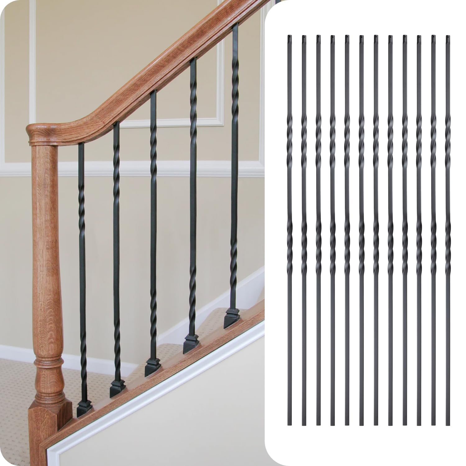 12Pack Wrought Iron Balusters 44 Inches Deck Balusters Double Twist Deck Spindles 1/2” Square Iron Stair Balusters Hollow Satin Black, GRMIKBU GB02