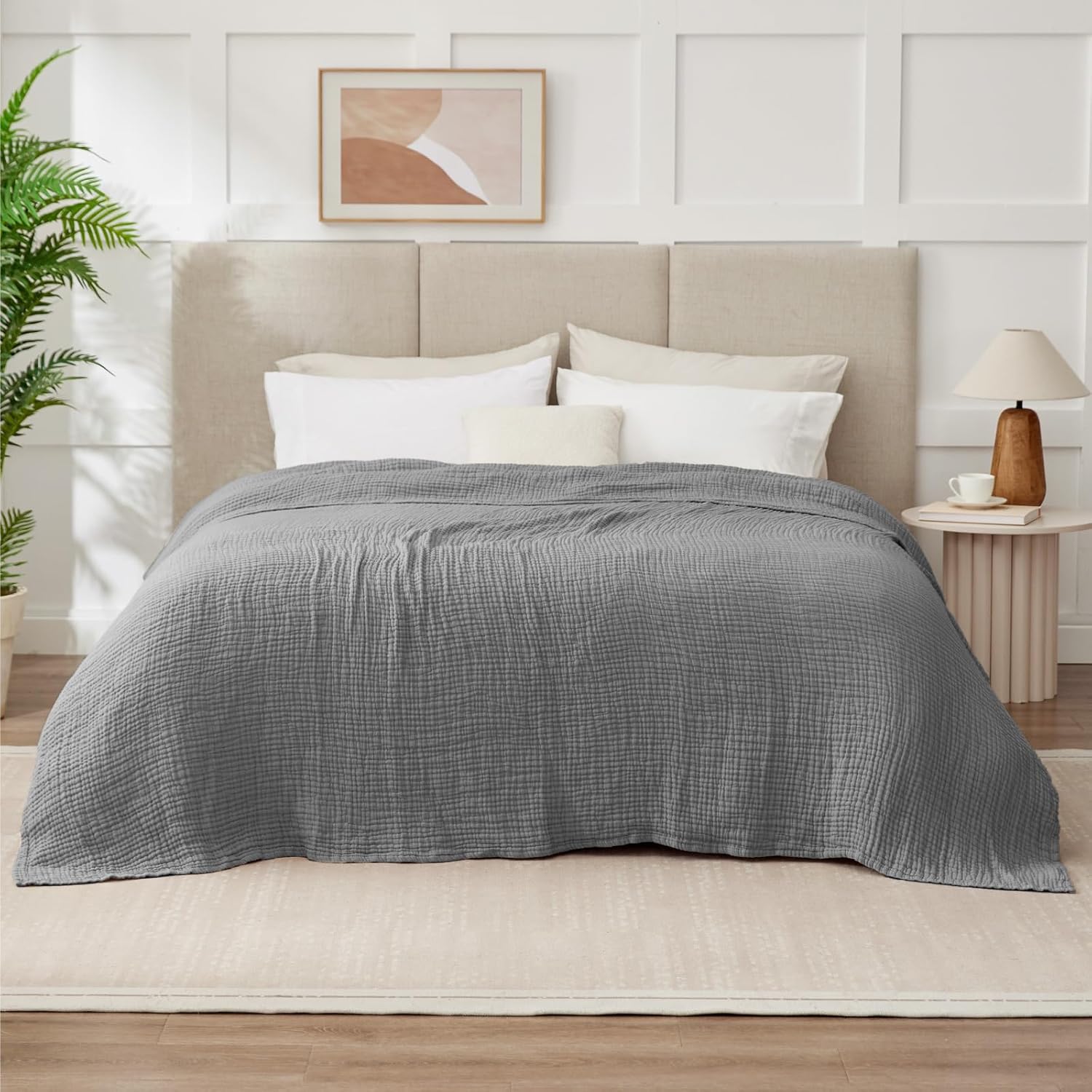 100% Cotton Muslin Blanket King 108" x 90", 6 Layers Breathable and Lightweight Cotton Throw Blanket for Bed, Soft Quilt Bedspread Coverlet, Gauze Blanket for Adults All Season, Grey - Image 7