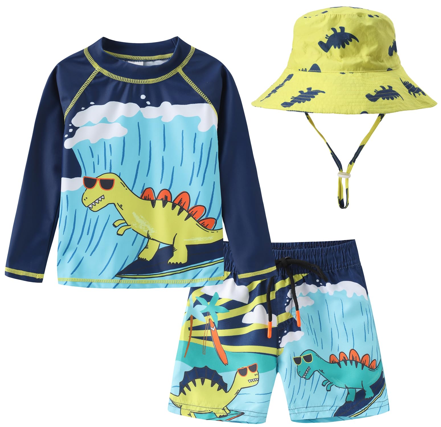 Toddlers and Baby Boys' 3-Piece Rashguard Sets Swimsuits Sets with Hat Surfing Swimwear Sunsuit UPF 50+