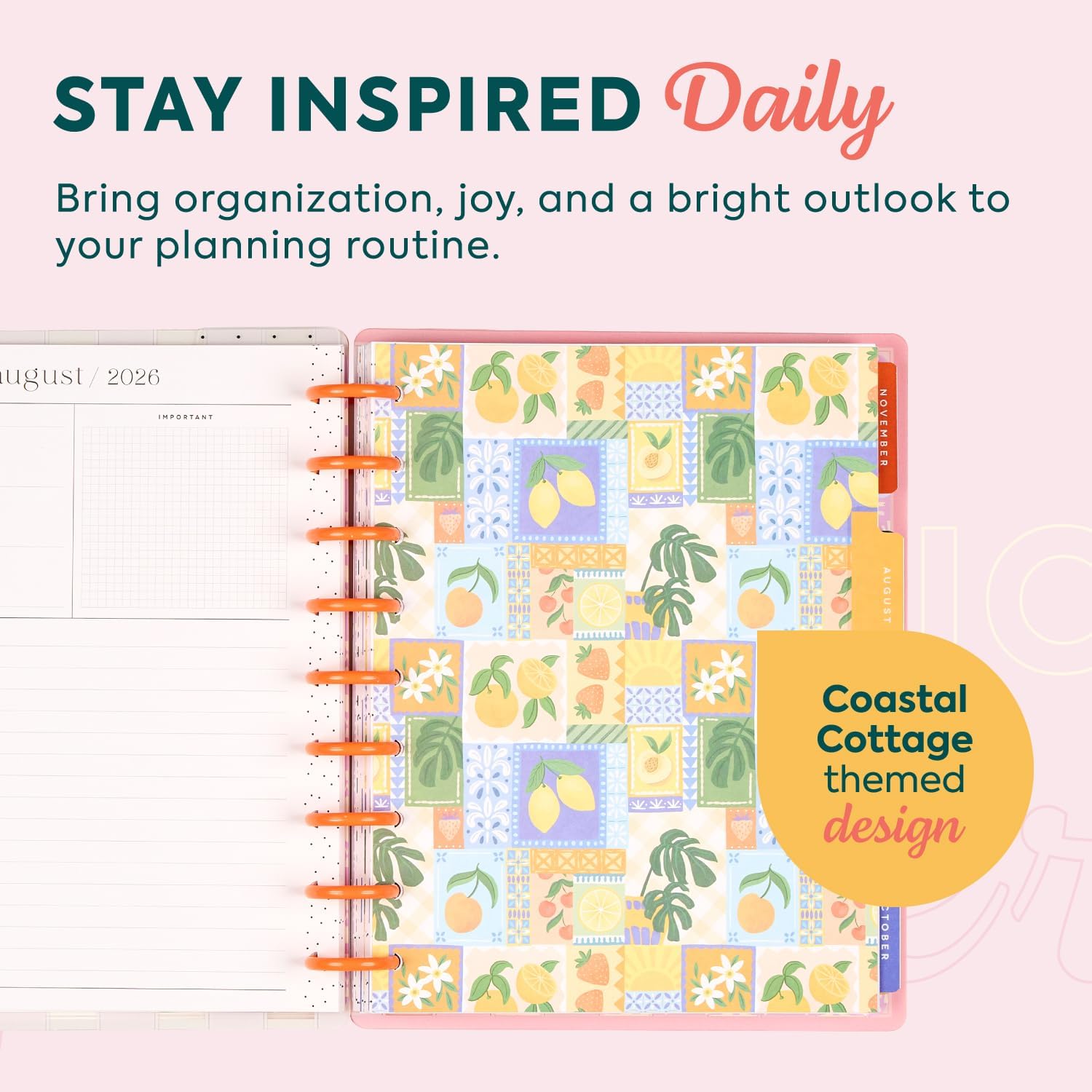 Happy Planner Disc-Bound Planner July 2026–June 2027, Includes 3 Extra Months and 2 Sticker Sheets, Classic Size, 7" x 9.25", Horizontal Layout, Coastal Cottage