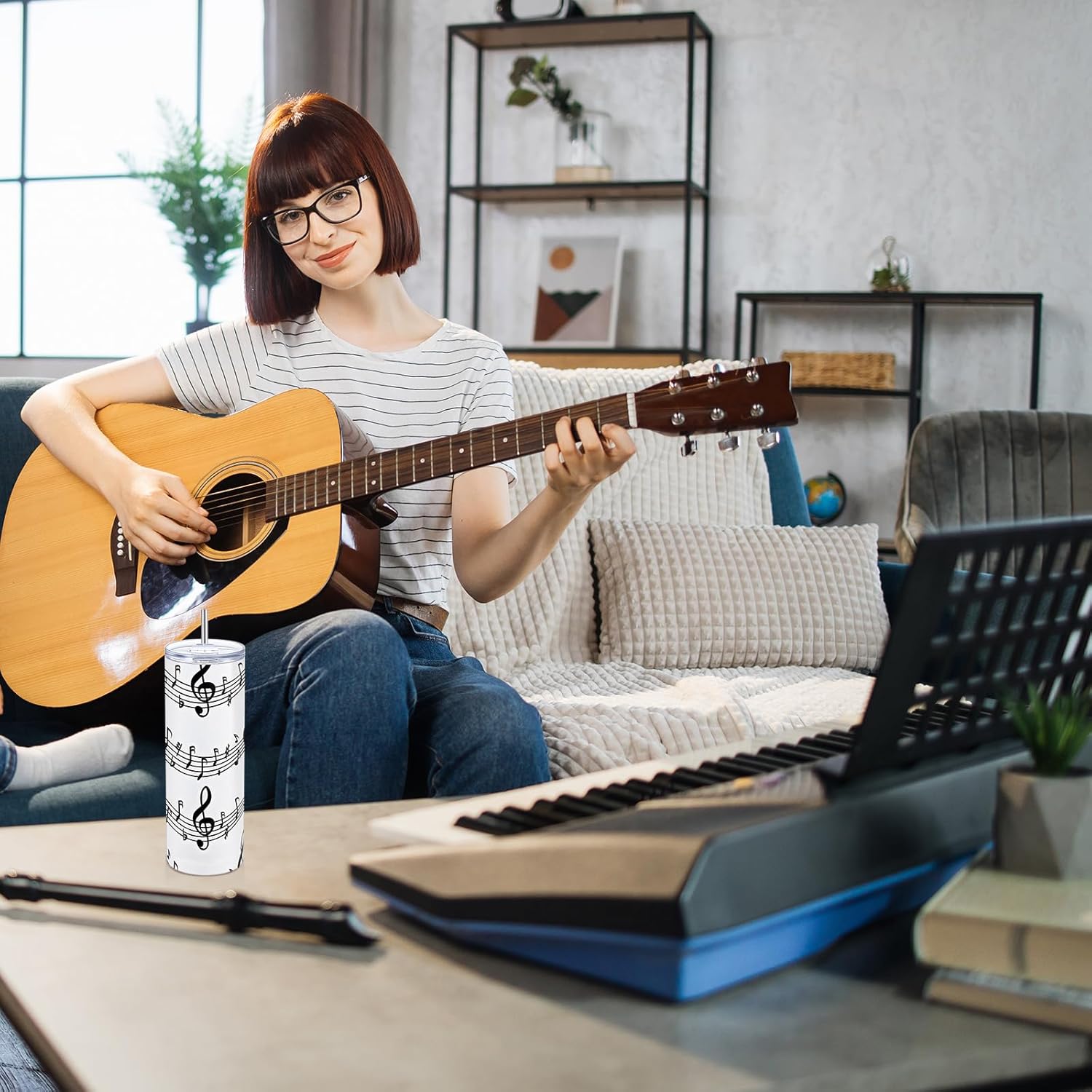 Umigy 2 Pieces Musical Note Gift Tumbler with Lid Straw and Brush, 20 oz Musical Note Travel Coffee Mug Stainless Steel Cup for Valentine's Day Music Lovers Singers Player Teacher Gifts - Image 5