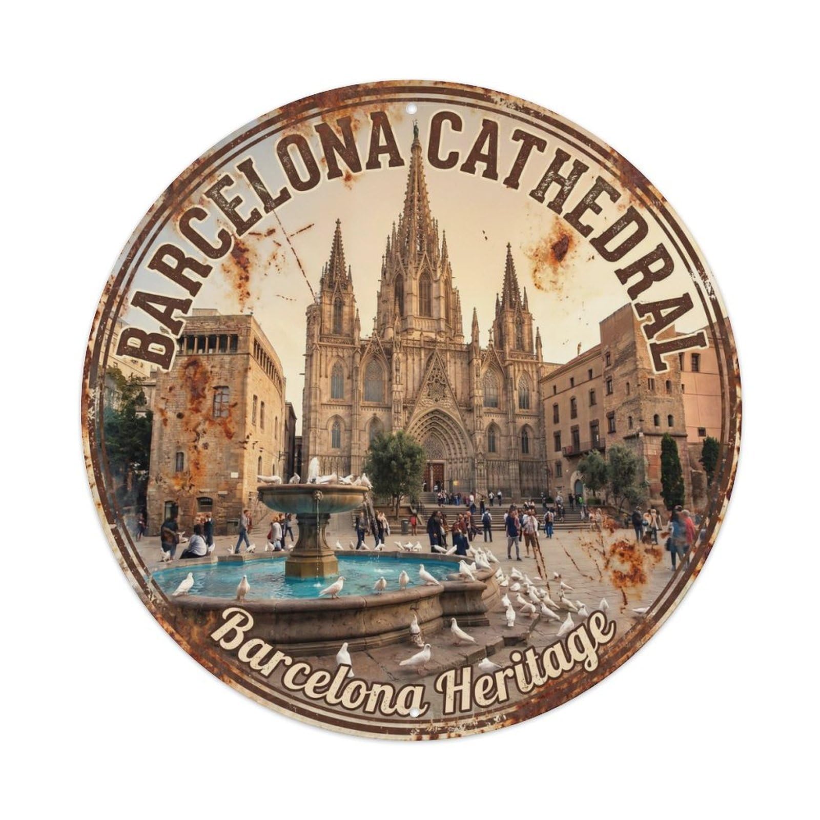 Vintage Travel Barcelona Cathedral Spain Heritage Metal Tin Sign Plaque Wall Decor for Cafe, Club, Garden Round Metal Poster 8x8Inch