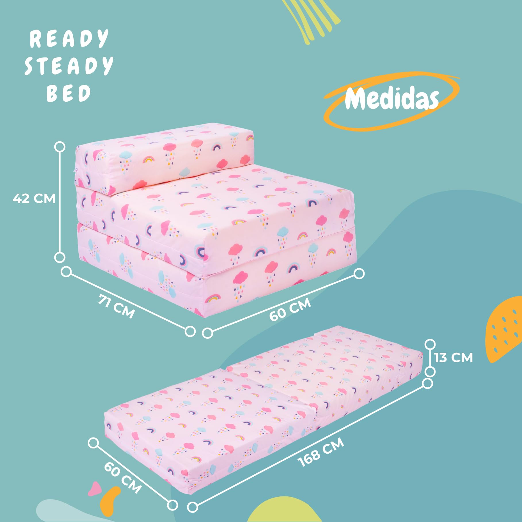 Ready Steady Bed Kids Sofá Cama Plegable | Silla de Dormir para Niños Individual y Resistente al Agua | Mueble Cómodo para Niños para Sala de Estar, Cuarto de Juegos y Dormitorio (Arcoíris)