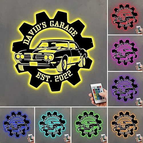 Letrero de neón personalizado para garaje, letrero de metal con nombre de garaje personalizado, letrero iluminado para garaje, arte de pared para