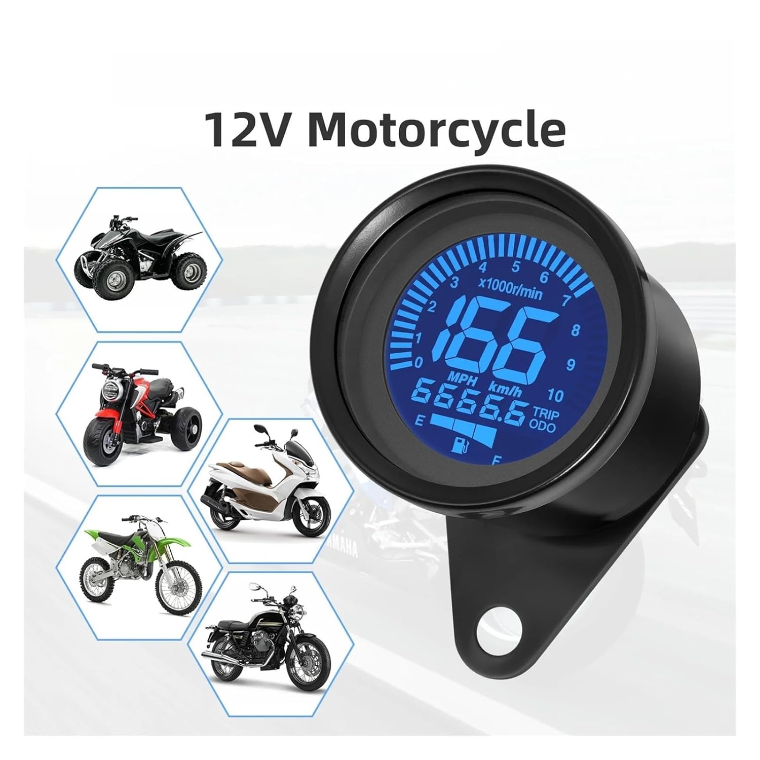 Motorcycle Speedometer Tachometer 7-Color Backlight Universal 12V Digital Motorcycle Speedometer Tachometer Odometer KMH MPH Level Gauge RPM