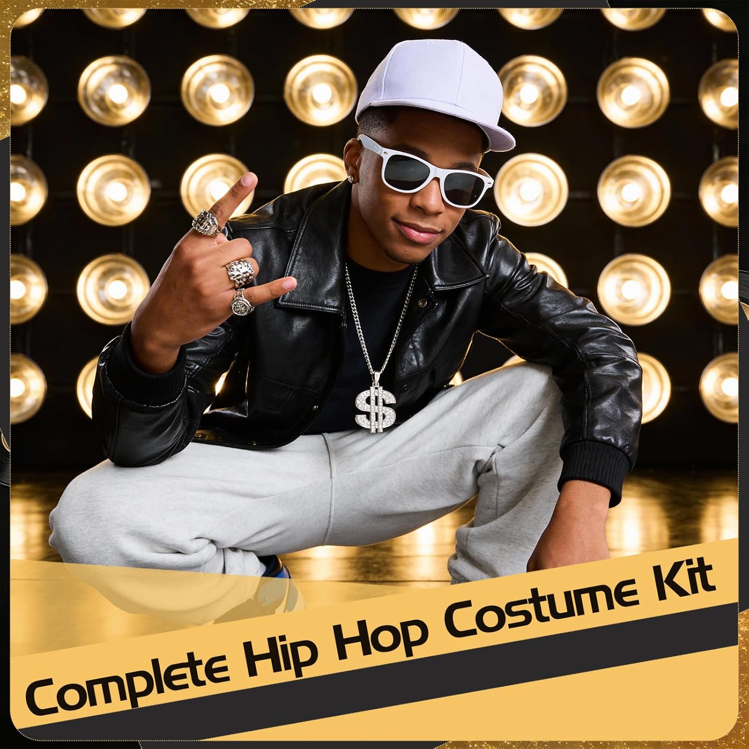 JATEBI 80s 90s Hip Hop Costume Kit Rapper Accessories Outfits with Caps Glasses Necklaces Pens for Cosplay Club Old School Themed Party Supplies - Image 7