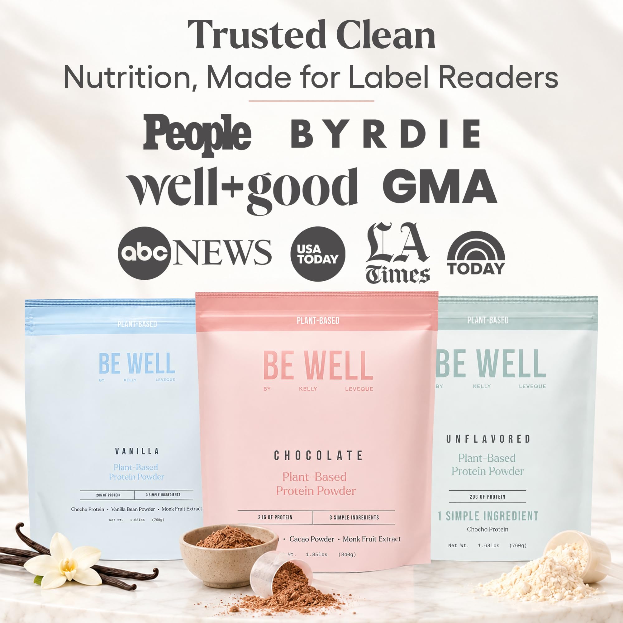 Be Well By Kelly Vanilla Plant-Based Protein Powder, Vegan 20G Protein 8G Fiber 0 Net Carb (3 Ingredients, 20 Servings) 9 Amino Acids+3 BCAAs No Soy, No Dairy, Stevia-Free, No Sugar Added 1.68lb 760g — Amazon image 6