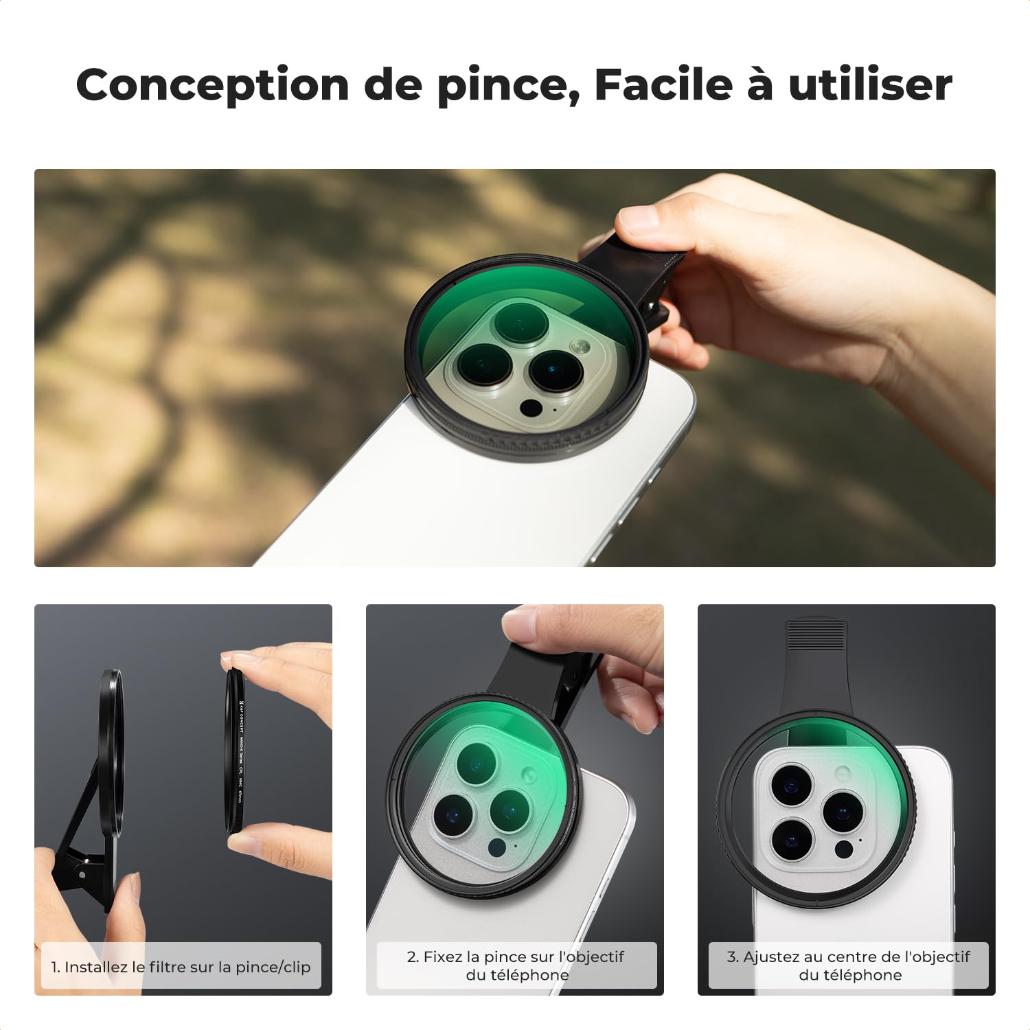 K&F CONCEPT 67mm Filtre Polarisant CPL et Clip Pince Compatible avec iPhone 17 16 15 14 Téléphone Smartphones Objectifs et Un Chiffon