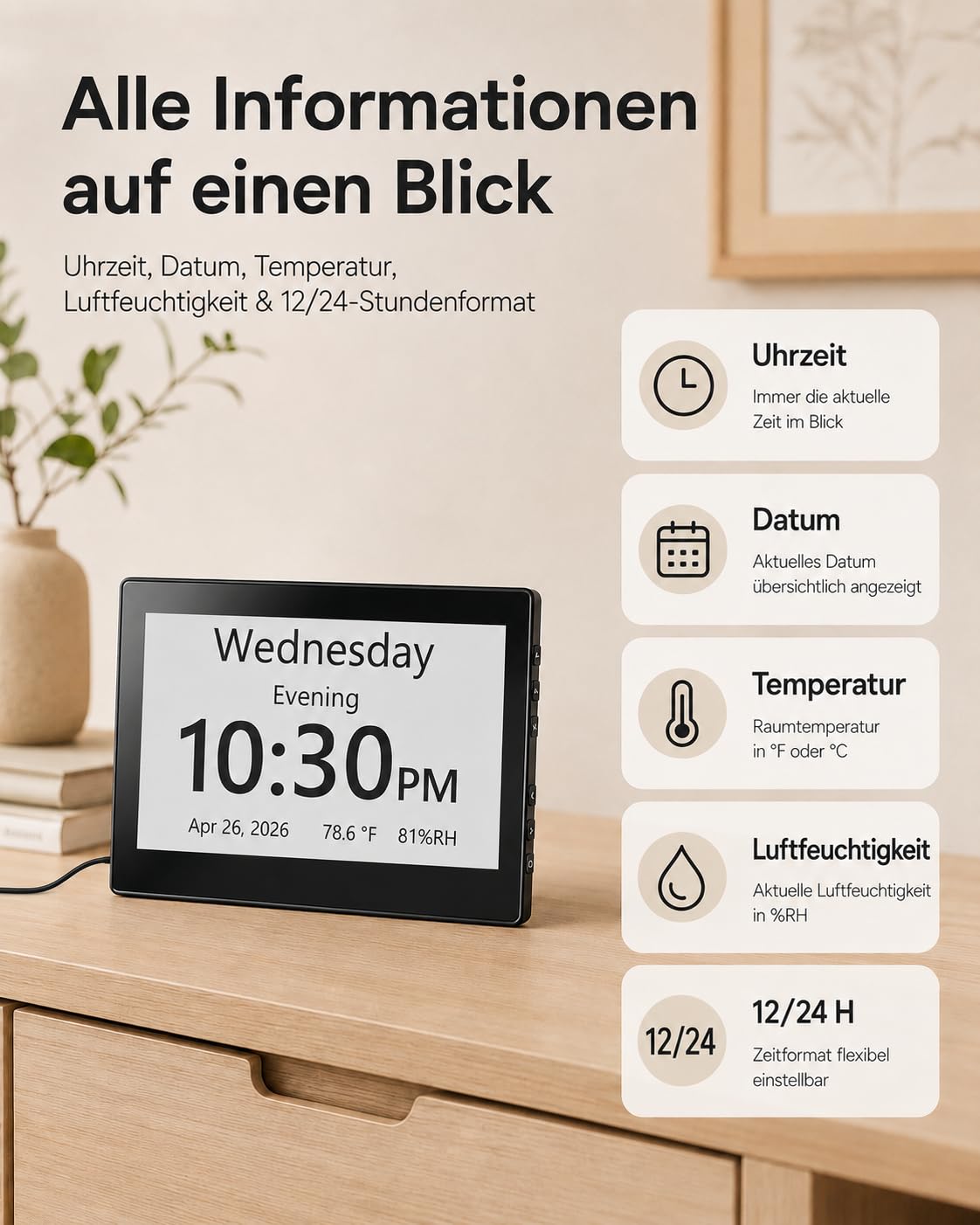 Roxicosly 10.1' Digitaler Kalender, Digital Uhr mit 20 Alarmen & Erinnerungen, 12 Themen, 12/24HTemperatur & Luftfeuchtigkeit, Dimmbar & 6 Sprachen, USB & SD, Wecker Digital für Senioren