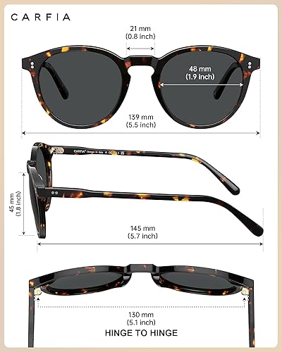 Vista 4 de CARFIA Gafas de sol polarizadas redondas para mujer, con protección UV, marco de acetato, estilo retro clásico, CA2302, montura de tortuga
