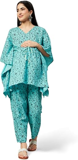 Aaheli Women’s Cotton Printed Maternity Kaftan Top & Pant Set | Comfortable & Stylish Pregnancy Wear | Cotton Maternity Ni...