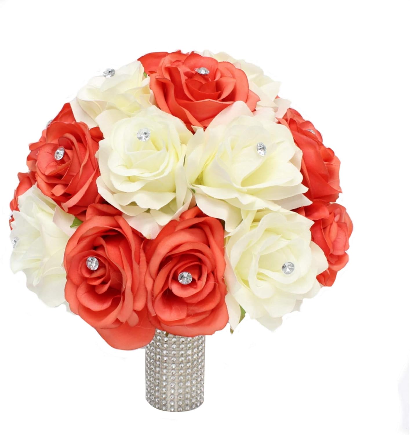 Angel Isabella 10" Large Bouquet-Coral Ivory Open Roses with Rhinestone and Bling Silk Flower Beach Wedding Keepsake Flower