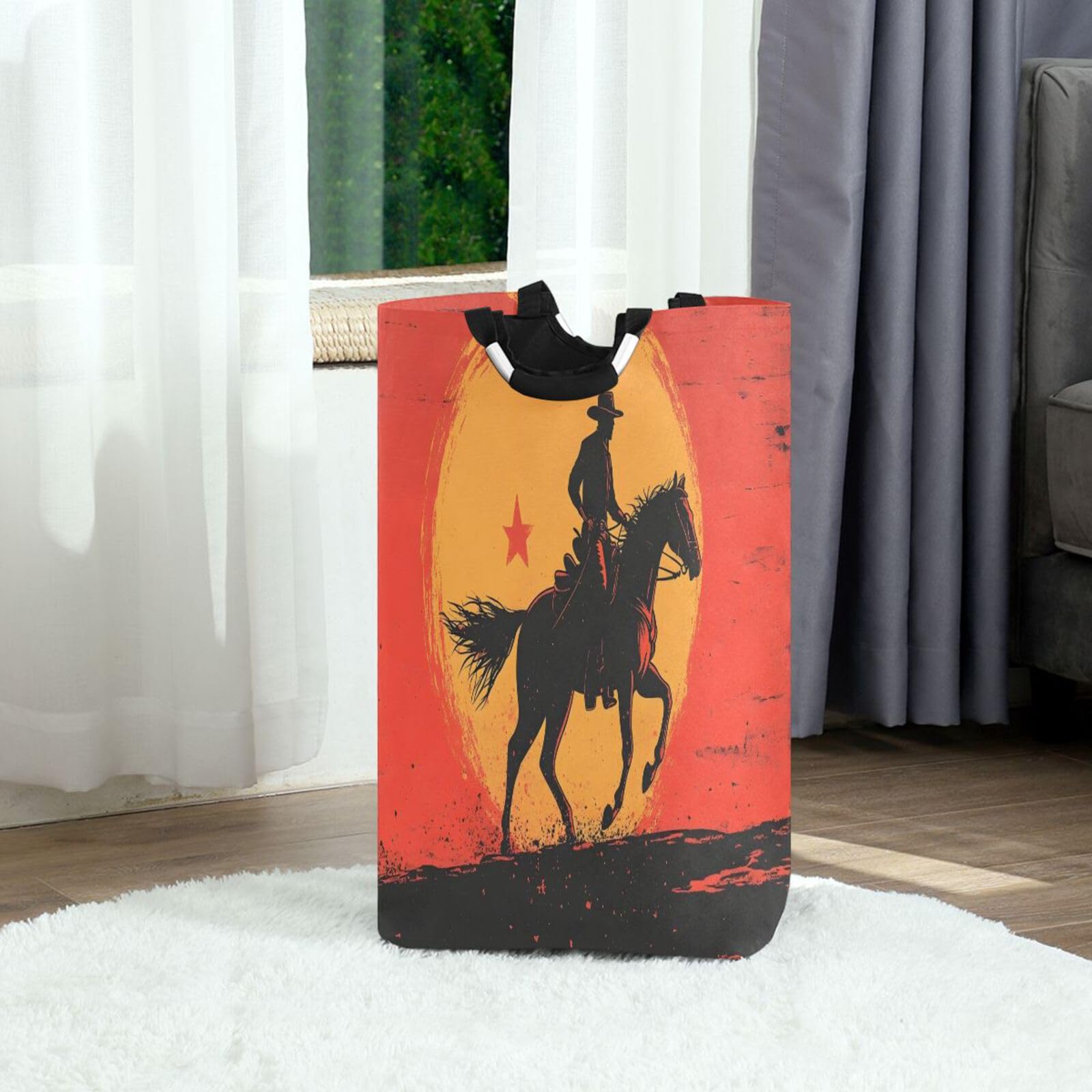 Jihqo Laundry Hamper Basket Cowboys Running at Sunset Collapsible Nursery Storage Bin Waterproof Clothing Baskets for Home Bedroom Bathroom Washing Room