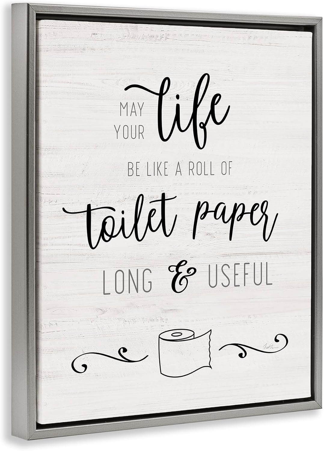 Stupell Industries 'Life Like Toilet Paper Roll Long and Useful Phrase', Floating Frame Canvas Art, Gray, 25 x 31 Inches, Easy to Hang and Sturdy, Made in USA, by Natalie Carpentieri